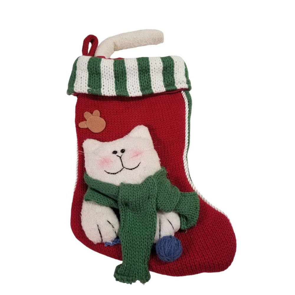 Vintage Christmas Stocking Cat 3D Plush 1990s Scarf Stripes Kitten Kitty Holiday - Picture 2 of 8